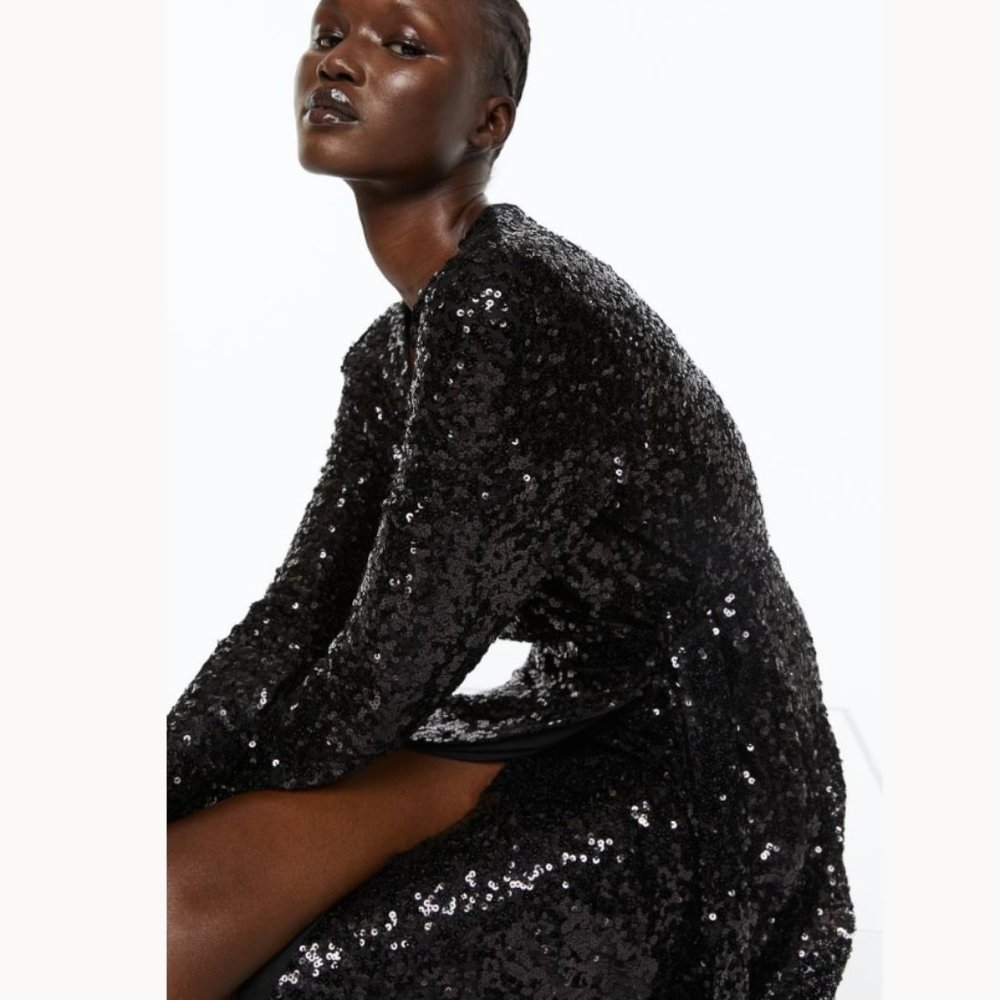 H&M Sequined Wrap Dress "Stunning" V-Neck Midi Long Sleeve - Picture 4 of 7